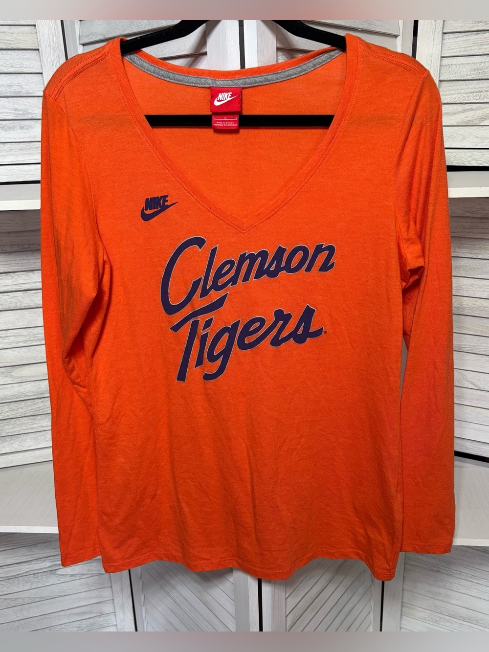 Nike Women's Orange V-Neck Clemson Tigers Long Sleeve Tee